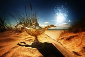 Genie's lamp in a beautiful desert oasis