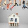 Small house resting on stacks of coins surrounded by hands holding tools used for home repairs.