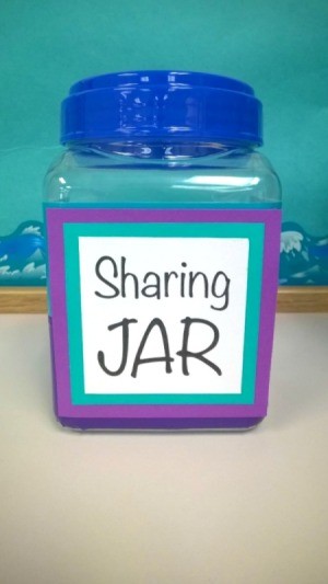 Recycled plastic bottle labeled as the sharing jar.