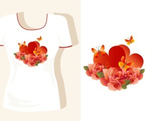 T-shirt with a bright orange and red floral design.  Design isolated next to shirt