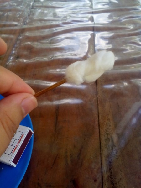 Cotton ball twisted around a small stick.