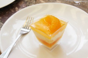 Orange Tapioca and Jello layered desert in a glass dish displayed on a white plate