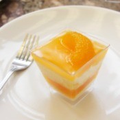Orange Tapioca and Jello layered desert in a glass dish displayed on a white plate