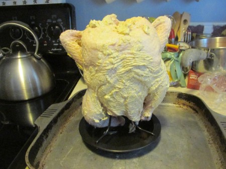 Vertical Roast Chicken - placing the chicken on the roaster