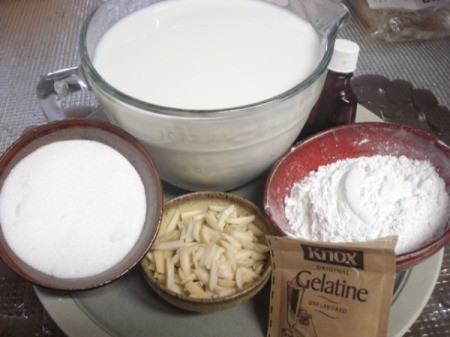 Ingredients for making almond rice pudding.