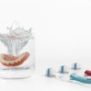 Dentures dropping into water glass with a splash, surrounded by three toothbrushes