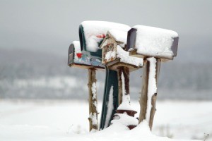 Several snow covered mailboxes at the edge of a snowy field