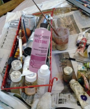acetone, brushes, and paints