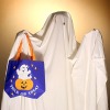 Child dressed as a ghost holding a bag labelled Trick-Or-Treat!