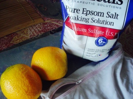 Supplies for rejuvenating orange salt bath.