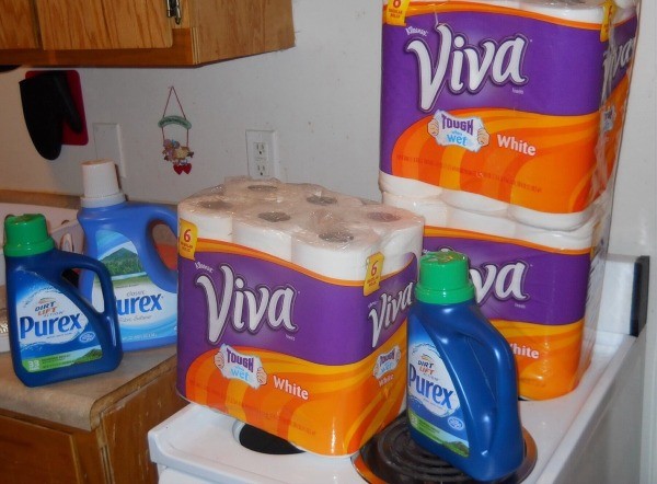 Stocking up on laundry detergent and paper towels.