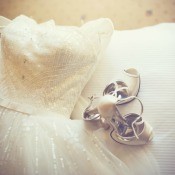 A wedding dress and shoes.