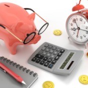 Piggy bank with glasses looking at a calculator.
