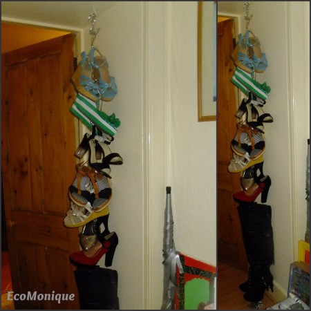 Shoes hanging on a chain.