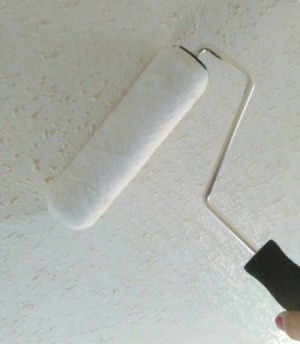 Using a paint roller to clean ceiling.