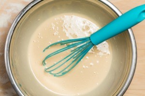 Pancake mix in mixing bowl
