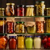 A shelf full of jars of preserved fruits and vegetables.