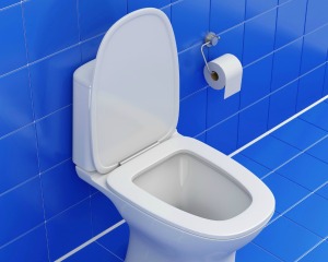 White toilet against blue tile floor and wall