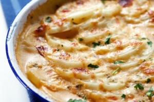 A pan of baked scalloped potatoes.