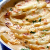 A pan of baked scalloped potatoes.