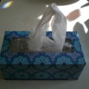 A empty tissue box being reused to store plastic bags.