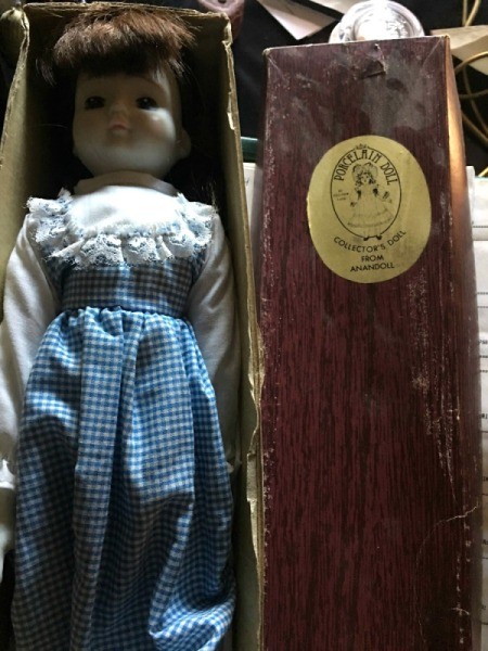 doll wearing a gingham dress in a box