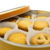 A cookie tin with butter cookies.