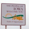 The welcome sign for entering Iowa