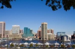 The skyline of Baltimore during the day.