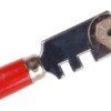 A photo of a glass cutter with a red handle.