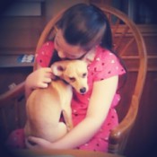 young girl holding a tan dog