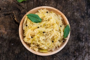 A bowl of cooked cabbage.