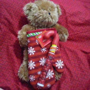 A bear inside an oven mitt with a red and snowflake pattern.