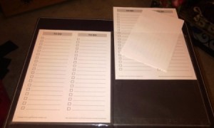 To-do lists inside sheet protectors.