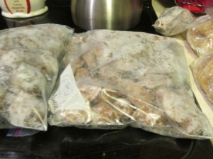 Precooked meatballs and sausage, ready for the freezer.