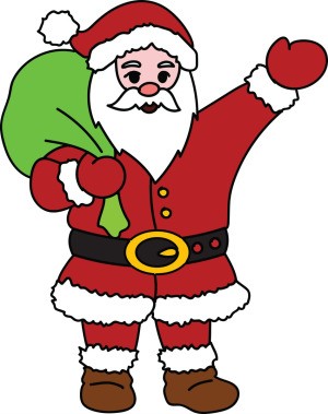 Santa waving holding a bag of gifts.
