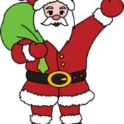 Santa waving holding a bag of gifts.