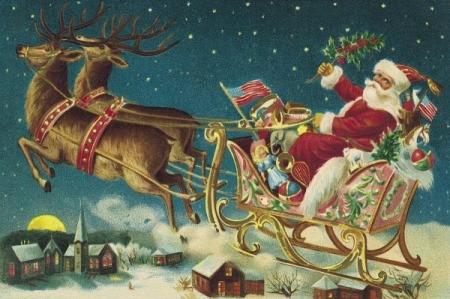 An old fashioned Christmas illustration of Santa in his sleigh.