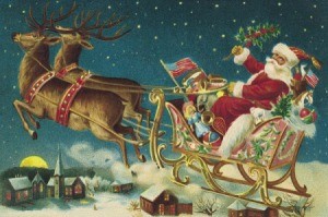 An old fashioned Christmas illustration of Santa in his sleigh.