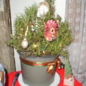 rosemary decorated as mini Christmas tree with tiny train encircling pot base