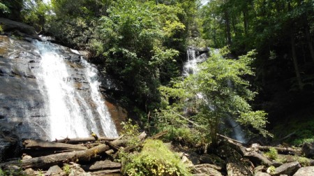 A waterfall in the woods.