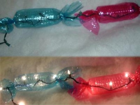 colored cellophane wrapped water bottle Christmas lights