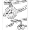 An adult coloring page of tree branches with a heart shaped ornament and a globe with Santa's image.