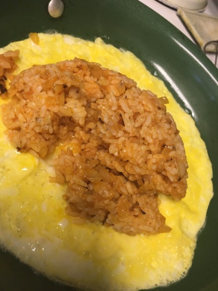 rice mixture added to omelet