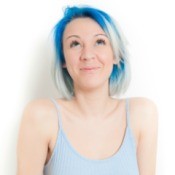 A girl with blue and silver dyed hair.