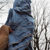 Jeans frozen after being hung outside while wet.