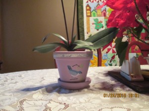 painted clay pot with bluebird decal and silver ribbon
