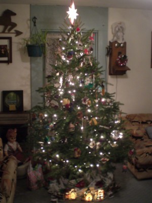 A decorated and lighted Christmas tree in a living room.