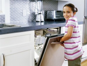 A girl opening a dishwasher at home.