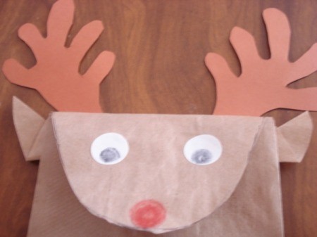 Closeup of finished reindeer paper bag face with the addition of nose and eyes.